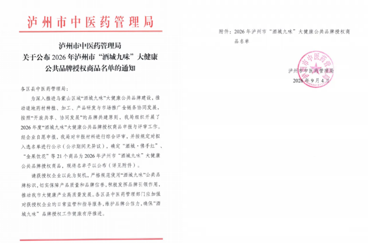 诸葛神草养生茶入选泸州“酒城九味”大健康公共品牌